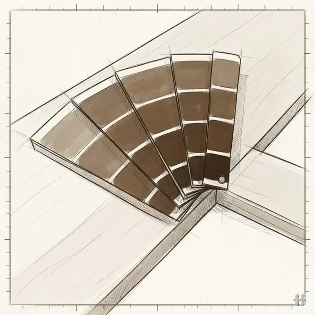 Pencil sketch, close up, of a stain sample fan opened across a bare board